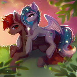 Size: 2000x2000 | Tagged: safe, artist:pie, oc, oc only, oc:hardy, oc:star universe, alicorn, pegasus, pony, alicorn oc, duo, female, high res, horn, hug, male, mare, oc riding oc, ponies riding ponies, riding, stallion, straight, sunset, wings