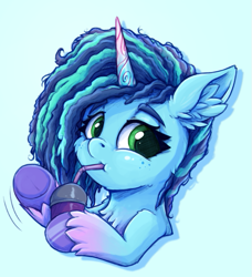 Size: 601x658 | Tagged: safe, artist:zeepheru_pone, misty brightdawn, pony, unicorn, g5, cheek fluff, chest fluff, curly hair, cute, drink, drinking, drinking straw, ear fluff, female, freckles, horn, looking at you, mare, mistybetes, one ear down, simple background, smoothie, solo, that pony sure does love smoothies, unshorn fetlocks