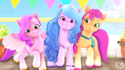 Size: 3840x2160 | Tagged: safe, artist:marshmallow-pone, izzy moonbow, pipp petals, sunny starscout, earth pony, pegasus, pony, unicorn, g5, 3d, bracelet, female, high res, jewelry, looking at you, mare, raised hoof, smiling, smiling at you, source filmmaker, spread wings, wings