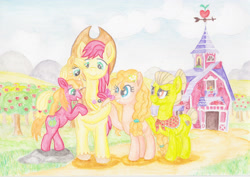 Size: 3440x2432 | Tagged: safe, alternate version, artist:malte279, apple bloom, applejack, big macintosh, bright mac, granny smith, pear butter, earth pony, pony, g4, apple family, aquarelle, baby, baby apple bloom, barn, clothes, colt big macintosh, family, female, filly, filly applejack, high res, male, orchard, scarf, sweet apple acres, traditional art, watercolor painting, younger