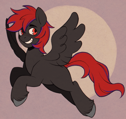 Size: 618x584 | Tagged: safe, artist:luv_shots, oc, oc only, oc:shadow sky, pegasus, pony, fanfic:shadow sky in a new world, fanfic, flying, grin, pegasus oc, red and black oc, red eyes, smiling, solo, spread wings, unshorn fetlocks, wings