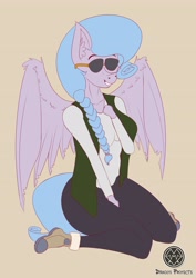 Size: 2896x4096 | Tagged: safe, artist:draconightmarenight, oc, oc:sapphire crystal, anthro, anthro oc, colored sketch, monthly reward, outfit, sunglasses, wings