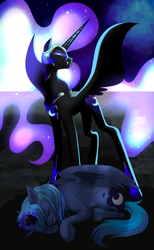 Size: 1729x2812 | Tagged: safe, artist:aztrial, nightmare moon, princess luna, alicorn, corrupted, duality, ethereal mane, ethereal tail, fangs, s1 luna, solo, story included, tail