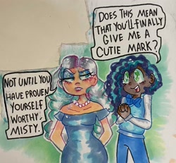 Size: 2674x2466 | Tagged: safe, artist:kreeeeeez, misty brightdawn, opaline arcana, human, g5, my little pony: make your mark, spoiler:g5, annoyed, dark skin, duo, happy, high res, humanized, traditional art