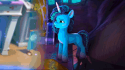 Size: 1280x716 | Tagged: safe, screencap, misty brightdawn, opaline arcana, alicorn, pony, unicorn, g5, growing pains, my little pony: make your mark, my little pony: make your mark chapter 2, spoiler:g5, spoiler:my little pony: make your mark, spoiler:my little pony: make your mark chapter 2, spoiler:mymc02e02, animated, antagonist, evil laugh, eyeshadow, female, hologram, laughing, makeup, mare, opaline's dark castle, sinister, sound, villainess, vine, webm