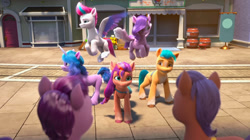 Size: 2388x1341 | Tagged: safe, screencap, hitch trailblazer, izzy moonbow, pipp petals, sunny starscout, zipp storm, earth pony, pegasus, pony, unicorn, g5, growing pains, my little pony: make your mark, my little pony: make your mark chapter 2, spoiler:g5, spoiler:my little pony: make your mark chapter 2, spoiler:mymc02e02, background pony, bag, barrel, female, male, mane five, mare, maretime bay, sash, stallion, street, unnamed character, unnamed pony