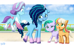 Size: 1414x885 | Tagged: safe, artist:uotapo, glory (g5), misty brightdawn, peach fizz, seashell (g5), earth pony, pegasus, pony, unicorn, g5, adult blank flank, blank flank, blushing, bow, butt, cute, embarrassed, female, filly, floppy ears, flying, foal, glorydorable, looking at you, mare, missing cutie mark, mistybetes, mistybutt, open mouth, peachsweet, pippsqueak trio, pippsqueaks, plot, shellabetes, tail, tail bow, unshorn fetlocks