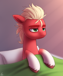Size: 1000x1200 | Tagged: safe, artist:luminousdazzle, sprout cloverleaf, earth pony, pony, g5, bed mane, green eyes, grumpy, male, messy mane, morning, pillow, sleepy, solo, sprout is not amused, stallion, stupid sexy sprout cloverleaf, unamused, unshorn fetlocks
