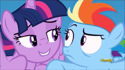 Size: 520x293 | Tagged: safe, screencap, rainbow dash, twilight sparkle, alicorn, pegasus, pony, g4, the cutie re-mark, animated, bedroom eyes, discovery family, discovery family logo, duo, female, filly, filly rainbow dash, flying, gif, i am an adult, i need an adult, lidded eyes, logo, loop, mare, out of context, twilight sparkle (alicorn), younger
