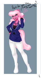 Size: 797x1500 | Tagged: safe, artist:furryfantan, cheerilee, earth pony, anthro, unguligrade anthro, g4, alternate hairstyle, breasts, clothes, dialogue, female, full body, green eyes, jacket, open mouth, open smile, pose, simple background, smiling, solo, stockings, suit, teacher, thigh highs, underwear, white underwear