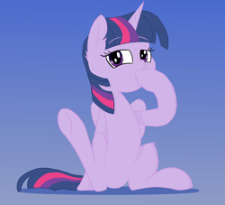 Size: 2200x2000 | Tagged: safe, artist:fakkajohan, twilight sparkle, alicorn, pony, g4, female, gradient background, high res, hoof over mouth, simple background, sitting, solo, thinking, twilight sparkle (alicorn)