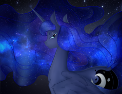 Size: 3000x2300 | Tagged: safe, artist:heavenless, artist:s.l.guinefort, princess luna, alicorn, pony, g4, ethereal mane, female, galaxy mane, high res, mare, night, solo