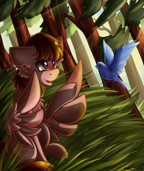 Size: 1576x1874 | Tagged: safe, artist:yuris, oc, oc only, oc:autumn rosewood, bird, pegasus, pony, commission, cute, ear fluff, ears back, female, forest, grass, pegasus oc, rule 63, smiling, solo, spread wings, tree, wings, ych result