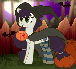 Size: 1800x1640 | Tagged: safe, artist:howie, oc, oc only, oc:sawa (ice1517), bat, earth pony, pony, bucket, cape, clothes, commission, female, fence, grass, halloween, hat, holiday, jack-o-lantern, mare, mouth hold, pumpkin, socks, solo, stockings, striped socks, thigh highs, witch, witch costume, witch hat, ych result