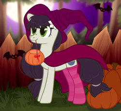 Size: 1800x1640 | Tagged: safe, alternate version, artist:howie, oc, oc only, oc:sawa (ice1517), bat, earth pony, pony, bucket, cape, clothes, commission, female, fence, grass, halloween, hat, holiday, jack-o-lantern, mare, mouth hold, pumpkin, socks, solo, stockings, striped socks, thigh highs, witch, witch costume, witch hat, ych result