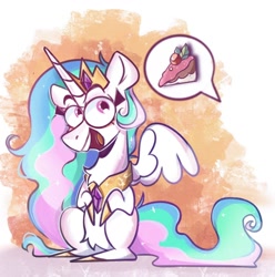 Size: 1272x1280 | Tagged: safe, artist:tasiashoe, princess celestia, alicorn, pony, g4, abstract background, cake, cakelestia, chibi, cute, female, food, mare, multicolored tail, open mouth, open smile, pointy legs, sitting, smiling, solo, tail