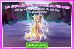 Size: 1954x1297 | Tagged: safe, gameloft, idw, ocean rose, merpony, g4, my little pony: magic princess, advertisement, ear piercing, earring, english, female, idw showified, introduction card, jewelry, piercing, rose mermare, scales, solo, sparkles, text