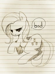 Size: 768x1024 | Tagged: safe, artist:maren, fluttershy, pegasus, pony, g4, 2013, butt, female, flutterbitch, lined paper, looking at you, lying down, mare, old art, plot, solo, speech bubble, traditional art