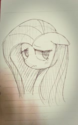 Size: 640x1024 | Tagged: safe, artist:maren, fluttershy, pony, g4, 2013, blushing, bust, doodle, female, floppy ears, lined paper, mare, old art, portrait, solo, traditional art, wavy mouth