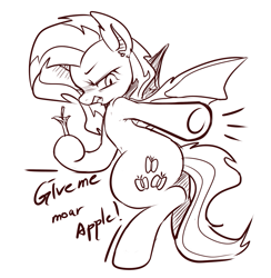 Size: 893x915 | Tagged: safe, artist:maren, fluttershy, bat pony, pony, g4, 2015, apple, bat ponified, butt, dialogue, doodle, female, flutterbat, food, gritted teeth, hoof hold, mare, old art, plot, pointing, race swap, solo, teeth, wings