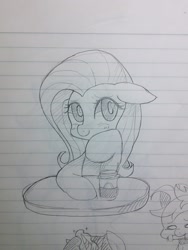 Size: 1080x1440 | Tagged: safe, artist:maren, fluttershy, pony, g4, 2015, blushing, bust, coffee cup, cup, doodle, female, floppy ears, hoof on chin, lined paper, mare, old art, sitting, smiling, solo, table, traditional art