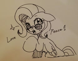 Size: 1270x998 | Tagged: safe, artist:maren, fluttershy, pegasus, pony, g4, 2017, dialogue, doodle, female, mare, old art, one eye closed, open mouth, raised hoof, sitting, solo, sparkles, sunglasses, traditional art, wink