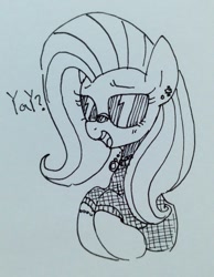 Size: 998x1284 | Tagged: safe, artist:maren, fluttershy, pony, g4, 2018, bust, clothes, doodle, ear piercing, female, jewelry, mare, old art, piercing, solo, sunglasses, traditional art, yay