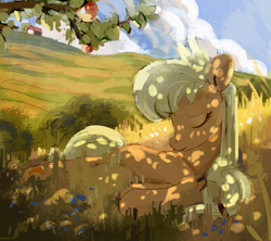 Size: 3600x3200 | Tagged: safe, artist:megalura, applejack, earth pony, pony, g4, apple, apple tree, dappled sunlight, eyes closed, female, grass, hatless, high res, mare, missing accessory, scenery, sky, solo, tree
