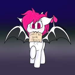 Size: 2000x2000 | Tagged: safe, artist:pillow, oc, oc:suki, pony, succubus, chest fluff, cute, devil tail, ear fluff, fangs, halloween, high res, holiday, mouth hold, raised tail, sign, solo, tail