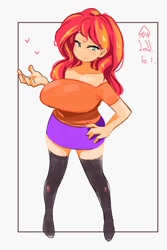 Size: 800x1200 | Tagged: safe, artist:sozglitch, sunset shimmer, human, equestria girls, adorasexy, big breasts, blushing, boots, breasts, busty sunset shimmer, clothes, cute, female, hand on hip, heart, huge breasts, humanized, looking at you, sexy, shoes, simple background, skirt, smiling, smiling at you, solo, thigh boots, white background