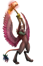 Size: 2481x3728 | Tagged: safe, artist:ravvij, oc, oc only, oc:milkbirb, big cat, bird, eagle, griffon, lion, angry, banhammer, beak, birb, claws, commission, feather, fire, hammer, high res, hot, male, meme, paws, simple background, smashing, solo, swing, swinging, tail, transparent background, wings
