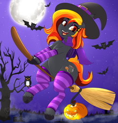 Size: 4800x5000 | Tagged: safe, alternate character, alternate version, artist:queenkittyok, oc, oc only, oc:spirit harvest, bat, bird, hybrid, owl, pony, broom, cape, clothes, commission, female, flying, flying broomstick, halloween, hat, holiday, moon, night, pumpkin, smiling, socks, solo, stars, striped socks, tree, witch hat, ych result