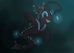 Size: 7016x4961 | Tagged: safe, artist:sprontr, oc, oc only, oc:color splash (seapony), hybrid, merpony, seapony (g4), angler seapony, bioluminescent, bubble, collar, crepuscular rays, digital art, dorsal fin, eyelashes, female, fish tail, glowing, lake, looking at you, mare, ocean, sharp teeth, smiling, smiling at you, solo, swimming, tail, teeth, underwater, water, waving