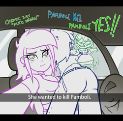 Size: 922x907 | Tagged: safe, artist:earth_pony_colds, oc, oc only, oc:cherry bloom, oc:frosty, oc:pamboli, human, equestria girls, g4, ass, butt, car interior, he wants to order, meme, selfie, sketch