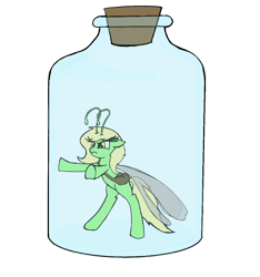 Size: 1004x1073 | Tagged: safe, artist:sprontr, oc, oc only, oc:edelweiss the seeker, breezie, bag, female, jar, messenger bag, pony in a bottle, simple background, solo, transparent background, trapped, upset