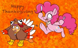 Size: 1003x626 | Tagged: safe, artist:therainbowtroll, pinkie pie, scootaloo, earth pony, pegasus, pony, g4, bib, bipedal, cute, cutealoo, diapinkes, fork, funny, holiday, hoof hold, hungry, imminent cannibalism, implied ponies eating meat, knife, ponies wanting to eat meat, running, scootachicken, scootaturkey, silly, thanksgiving, turkey costume, zipper