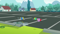 Size: 1366x768 | Tagged: safe, screencap, human, equestria girls, g4, bucket, hose, house, no pony, parking lot, puddle, tree