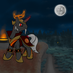 Size: 4096x4096 | Tagged: safe, artist:sprontr, oc, oc only, oc:vesuvius daehn, pony, unicorn, armor, fire, forest, mage, male, mare in the moon, moon, night, path, solo, will o' the wisp