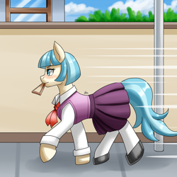 Size: 1600x1600 | Tagged: safe, artist:zachc, coco pommel, earth pony, pony, g4, blushing, bread, clothes, cloud, colored, concave belly, female, food, mare, school uniform, schoolgirl toast, shading, side view, slender, solo, thin, toast