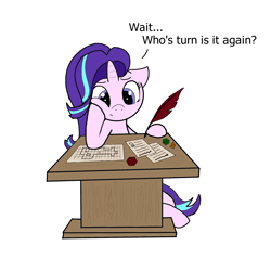 Size: 2380x2379 | Tagged: safe, artist:sprontr, starlight glimmer, pony, unicorn, g4, d20, dungeons and dragons, female, grammar error, high res, pen and paper rpg, quill pen, rpg, simple background, solo, table, white background