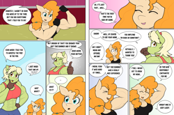 Size: 3931x2599 | Tagged: safe, artist:matchstickman, granny smith, pear butter, earth pony, anthro, comic:the other side, g4, abs, biceps, comic, female, flexing, granny smash, high res, mare, muscles, muscular female, pear buffer, teenager, young granny smith, younger