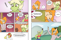 Size: 3931x2599 | Tagged: safe, artist:matchstickman, bright mac, granny smith, pear butter, earth pony, anthro, comic:the other side, g4, abs, clothes, comic, female, granny smash, high res, male, mare, muscles, muscular female, sweater, teenager, young granny smith, younger