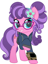 Size: 5253x7086 | Tagged: safe, artist:php170, petunia petals, earth pony, pony, fallout equestria, g4, my little pony: rainbow roadtrip, clothes, cute, fallout, female, flower, flower in hair, glasses, jumpsuit, looking at you, mare, pipboy, raised hoof, simple background, smiling, smiling at you, transparent background, vault suit, vector