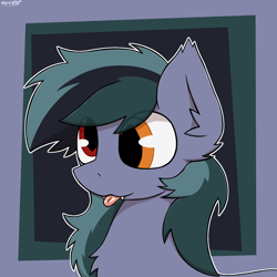 Size: 2000x2000 | Tagged: safe, artist:monycaalot, oc, oc only, oc:scrimmy, bat pony, pony, :p, abstract background, bat pony oc, bust, chest fluff, commission, ear fluff, fangs, gift art, heterochromia, high res, icon, male, pony oc, portrait, solo, tongue out, ych result