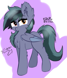 Size: 445x517 | Tagged: safe, artist:kbstarflower, oc, oc only, oc:scrimmy, bat pony, pony, bat pony oc, bat wings, chest fluff, commission, ear fluff, fangs, folded wings, heart, heart eyes, heterochromia, looking at you, male, pony oc, simple background, solo, text, wingding eyes, wings, ych result