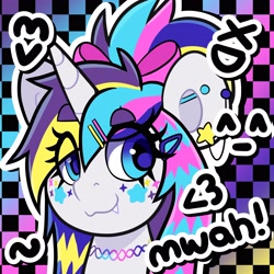 Size: 3184x3183 | Tagged: safe, artist:partypievt, oc, oc:indigo wire, oc:party pie, pony, unicorn, choker, eye clipping through hair, eyebrows, eyebrows visible through hair, eyelashes, fangs, hairpin, high res, scene, solo