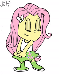 Size: 1280x1660 | Tagged: safe, artist:juanpadraws, fluttershy, human, equestria girls, g4, eyes closed, female, rubber hose animation, simple background, solo, style emulation, white background