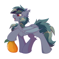 Size: 2000x2000 | Tagged: safe, artist:mirtash, oc, oc only, oc:scrimmy, bat pony, pony, bat pony oc, bat wings, chest fluff, ear fluff, fangs, fluffy, folded wings, food, high res, leg fluff, male, mango, open mouth, open smile, pony oc, simple background, smiling, solo, stallion, white background, wings