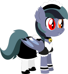 Size: 3000x3255 | Tagged: safe, artist:phantomarts, oc, oc only, oc:scrimmy, bat pony, pony, bat pony oc, bat wings, bell, clothes, crossdressing, ear fluff, fangs, folded wings, gift art, heterochromia, high res, maid, male, pony oc, shoes, simple background, solo, standing, transparent background, wings, wrist cuffs