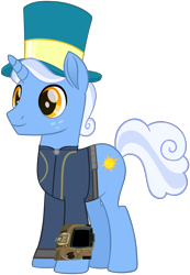 Size: 4642x6721 | Tagged: safe, artist:php170, sunny skies, pony, unicorn, fallout equestria, g4, rainbow roadtrip, absurd resolution, clothes, fallout, freckles, hat, jumpsuit, male, mayor, pipboy, simple background, smiling, solo, stallion, top hat, transparent background, vault suit, vector